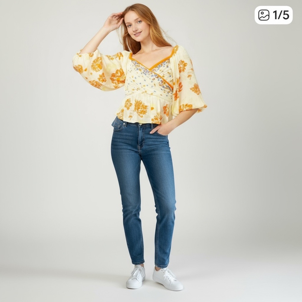 Free People Mirabella‎ Floral Wrap Front Blouse Cream Yellow Orange Blue S